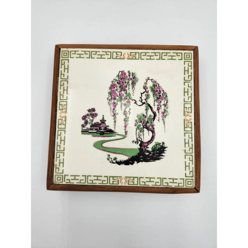 Vintage wood and tile‎ trivet Flowers Made in Japan Ito's Bamboo Handcrafts